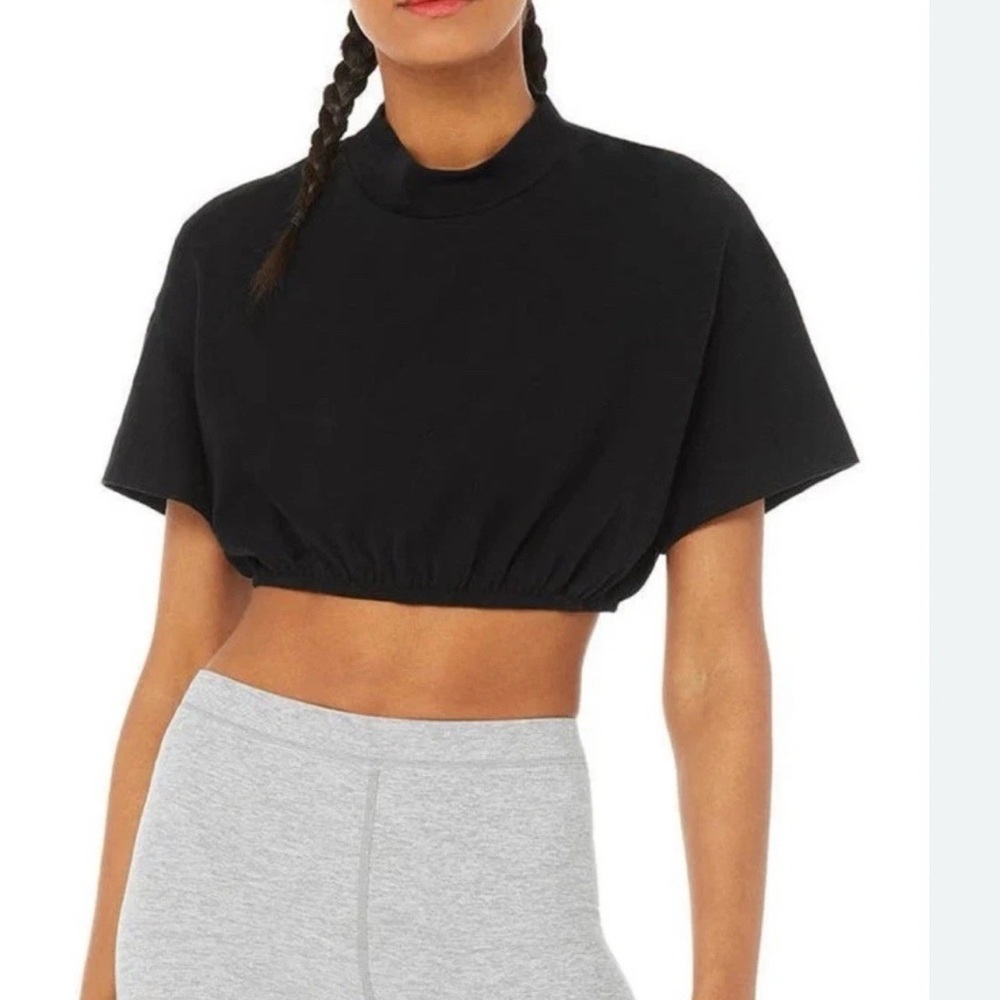 Alo Kick It Black Crop Mock Neck Tee